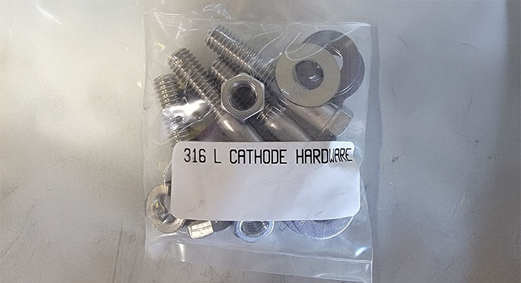 Pre-drilled aluminum header bars featuring bolted cathodes for customizable anodizing setups.